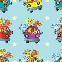 Seamless pattern with cute cartoon animals in a car. Blue background. vector