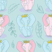 Seamless pattern with cute elephants and leaves. vector