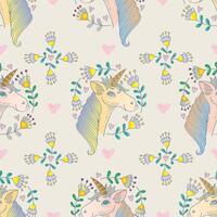 Seamless pattern with cute unicorns, flowers and hearts. vector