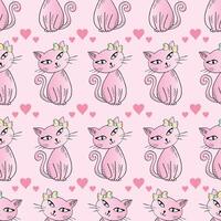 Cute pink cat pattern with hearts vector