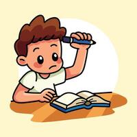 Boy studying with a book and pen vector