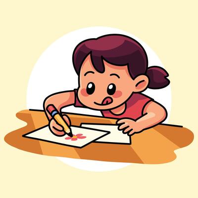 A young girl diligently draws a flower on a piece of paper