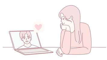 Woman interacting with laptop displaying love vector
