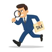 Tax inspector in a blue suit running with a TAX folder and looking through a magnifying glass. Cartoon style. Tax audit, inspection or investigation. Isolated on white. vector