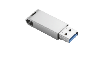 Transparent of a Silver USB Flash Drive with Blue Connector, High-Resolution Mockup of a Modern Sleek USB Drive Isolated on Transparent Background, Ideal for Web Design and Branding Projects png