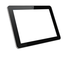 A modern digital tablet with a blank white screen, angled slightly to the right, perfect for showcasing content, technology, and interactive media concepts. png