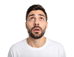 Surprised young man with beard looking up with shocked expression png