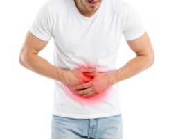 Man experiencing stomach pain and abdominal discomfort with red highlight showing digestive health issues png