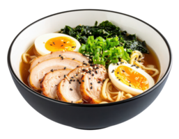 Japanese ramen bowl with sliced pork, soft boiled egg, noodles, spinach and green onions in savory broth png
