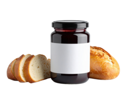 Glass jar with blank white label containing dark jam or preserve with sliced artisan bread png