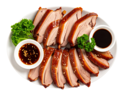 Sliced roasted duck breast with glossy lacquered skin served with soy dipping sauce and sesame seeds png