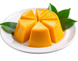 Orange jelly dessert molded in triangular wedge shapes resembling citrus segments on white plate with leaves png