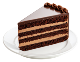 Slice of layered chocolate cake with chocolate frosting rosettes on white plate png