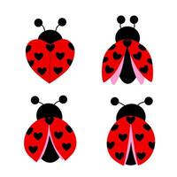 colorful set of ladybugs with hearts, on a white background. hand drawn. vector