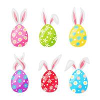 colorful easter set of multicolored eggs with bunny ears. hand drawn. vector