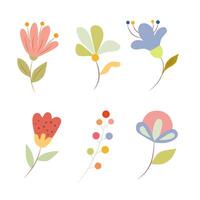 colorful set with cute summer flowers, and colorful twigs and leaves on white background vector