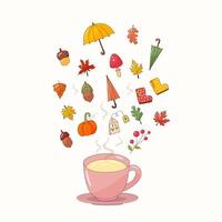 Autumn pink mug with hot tea, umbrella hovering above the mug, acorns, rubber boots, leaves, hand drawn, on a light background vector
