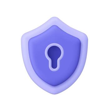 Purple shield with a keyhole. Security, protection, privacy, access control, cyber security and data safety concept. 3d icon. Cartoon minimal style. vector