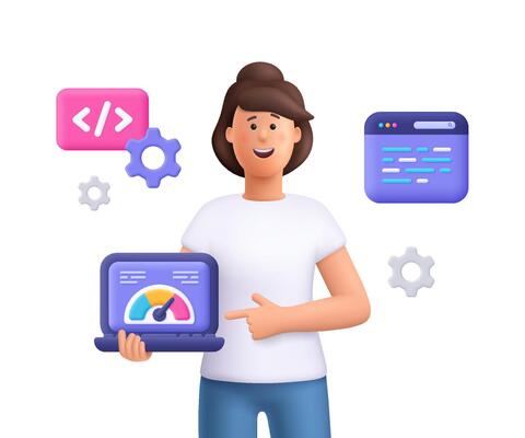 Young smiling woman Jane holding a laptop with a speedometer gauge, surrounded by browser window, gear wheels and a code symbol. 3d people character. Cartoon minimal style.