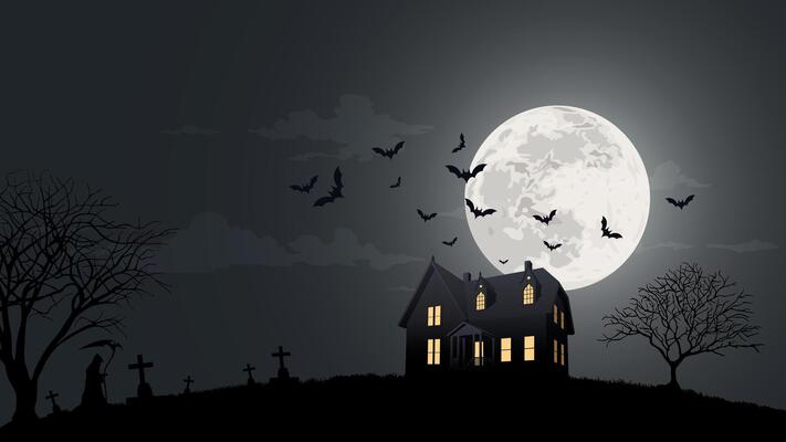 Silhouette haunted mansion on the hill with graveyard, dead tree, bats, full moon and angle of death have night sky background graphic illustration.