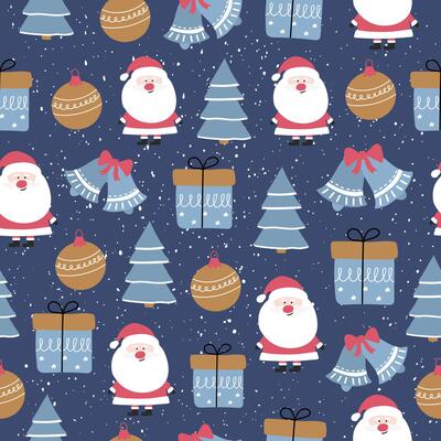 Christmas seamless pattern with Santa Claus, gift box, fir tree, bell, ornament and snow. Winter holiday background for wrapping paper.