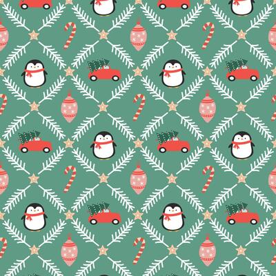Christmas pattern with penguins, red car, lollipop and Christmas tree balls on a green background with white pine branches.