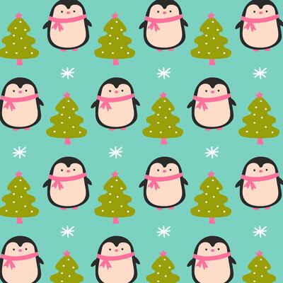 Cute penguin with Christmas tree and snowflakes. Winter Christmas pattern for greeting card or wrapping paper.