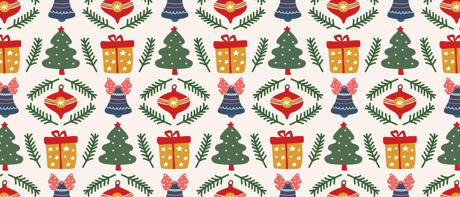 Pattern with Christmas tree, gift box and hanging decoration with bell. Festive background for winter holiday.