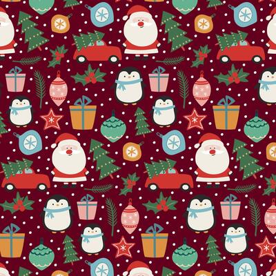 Cute Christmas pattern with Santa Claus, penguin, tree, gifts and decorations for holiday design.