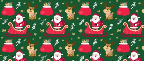 Santa claus in a sleigh with a cute reindeer and gifts bag. Christmas pattern with festive holiday elements. vector