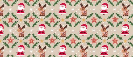 Cute Christmas pattern with Santa Claus, deer, stars and fir branches. Holiday background for fabric, packaging, wallpaper or cover. vector