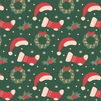 Christmas festive pattern with Santa hat, stocking, wreath and holly berries on green background for holiday decorative paper. vector