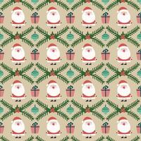 Santa Claus pattern with gift box and tree branch with holly berries. Christmas and New Year celebration. vector