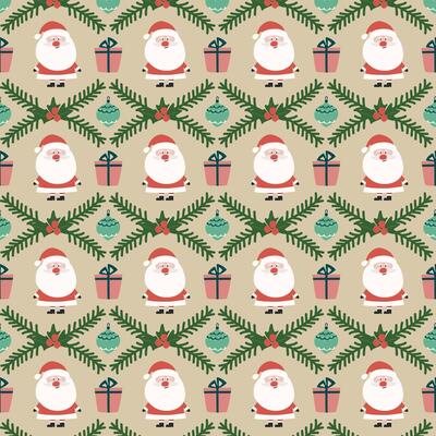 Santa Claus pattern with gift box and tree branch with holly berries. Christmas and New Year celebration.