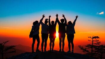 Silhouetted Group of Young Adults Celebrating Victory on Mountain Peak at Golden Sunset Symbol of Unity Ambition and Triumph photo