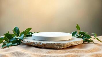Natural Display Pedestal with Green Tropical Leaves and Stone Base photo