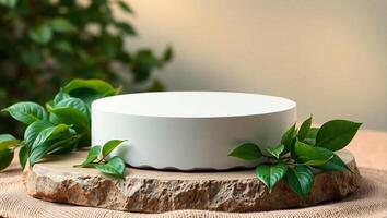 Natural Product Display with Green Tropical Leaves and Stone Base photo