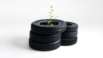 Tree Sapling Growing from Stack of Old Tires Isolated Eco Symbol photo