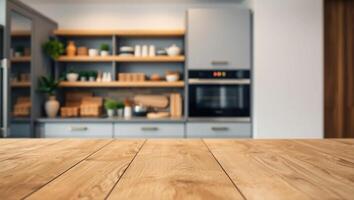 Wooden table surface with a blurred modern kitchen featuring shelves in the setup photo