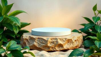 Natural Product Display Pedestal with Green Tropical Leaves and Stone Base photo