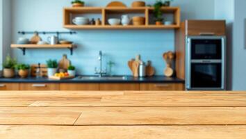 Wooden table surface with a blurred kitchen featuring shelves in the background photo