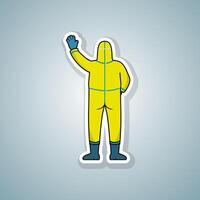 Doodle men wearing yellow hazmat suit wave hand from back vector