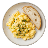 Plate with scrambled eggs and slice of bread isolated on transparent background, top view png