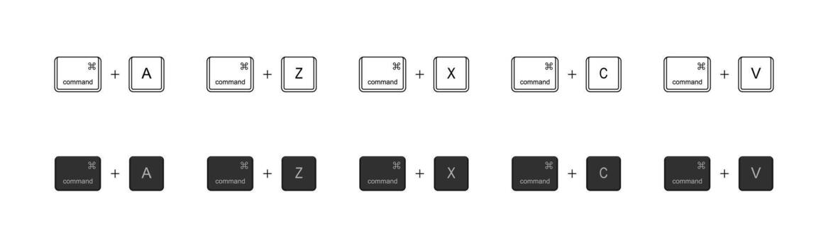 A set of minimalist keyboard shortcut icons. Common key combinations such as select all, undo, redo, cut, copy, and paste. Thin line style, black and white. illustration. vector