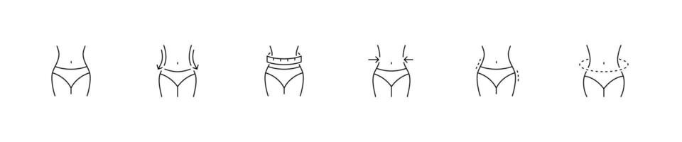 Female body shape, waist reduction, slimming, and body contouring icon set. Female waist symbol. Thin line style, black and white. illustration. vector