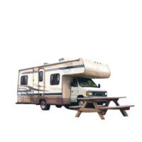 Large white and blue motorhome RV with picnic table png