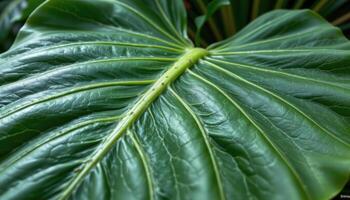 close up view of a large elephant ear plant leaf with deep indentations and broad green surfaces. photo