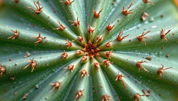 close up view of a textured cactus pad with dense radial spines and subtle shading on its matte green surface. photo