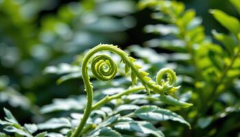 close up view of an ornamental fern with delicate fronds curling outward in diffused light. photo