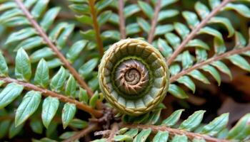 close up view of a tightly coiled new fern frond unfurling amid older mature fronds. photo